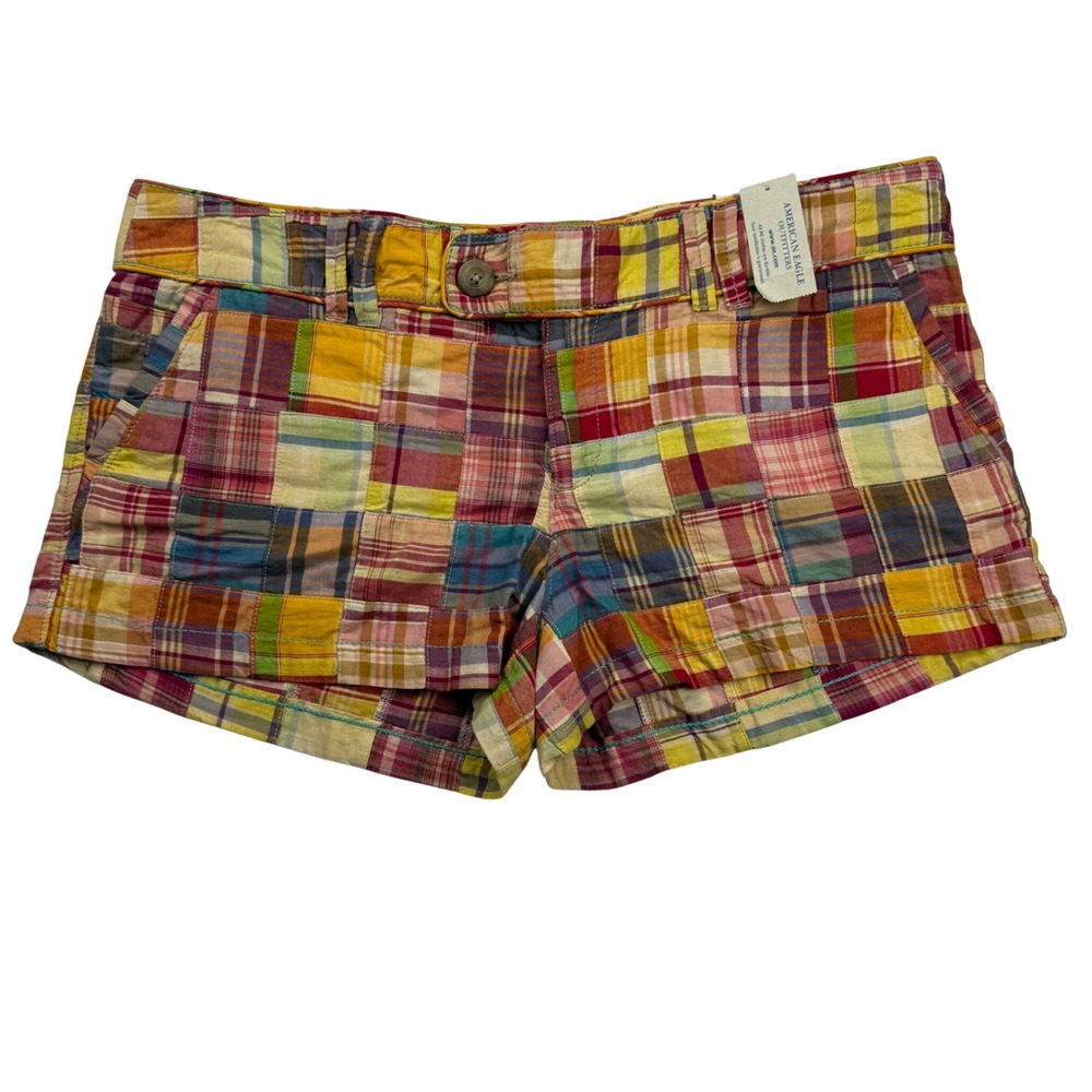 VTG Y2K American Eagle Weekender Patchwork Plaid Micro Shorts Multi-Color Sz 14